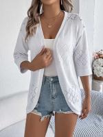 Cárdigan de punto con huecos de diamantes para mujer, Tops informales a prueba de sol, Color sólido, vacaciones de verano - details 4