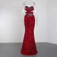 Vestido de noche sin mangas con abertura y lentejuelas elásticas brillantes para fiesta, sin tirantes, hasta el suelo, sin espalda acolchada - details 6