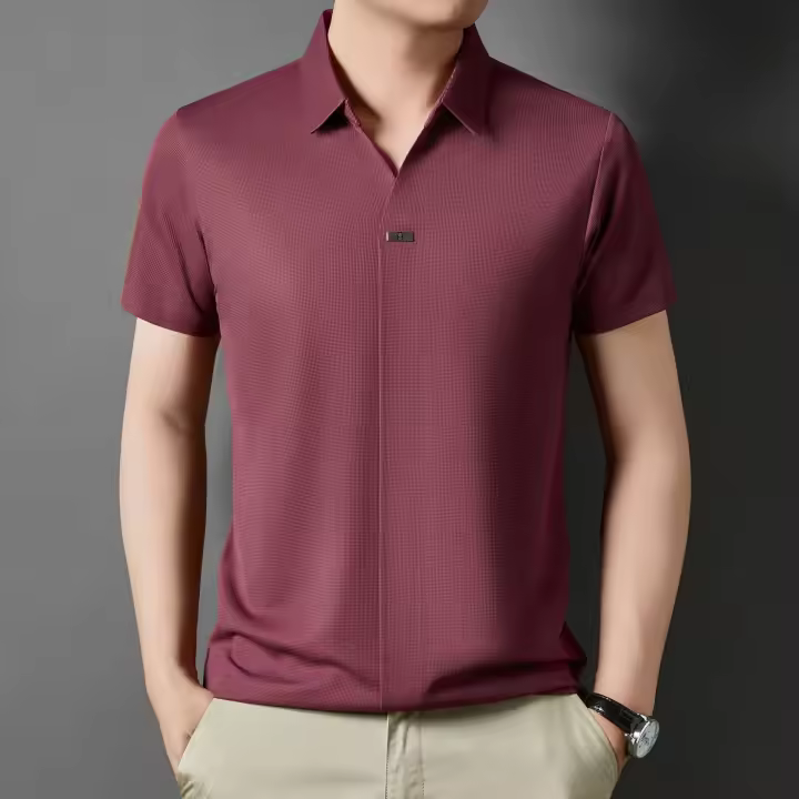 Novedad de verano, polo con cuello de tijera para hombre, camiseta informal transpirable de seda helada de alta gama, tendencia de manga corta - 1