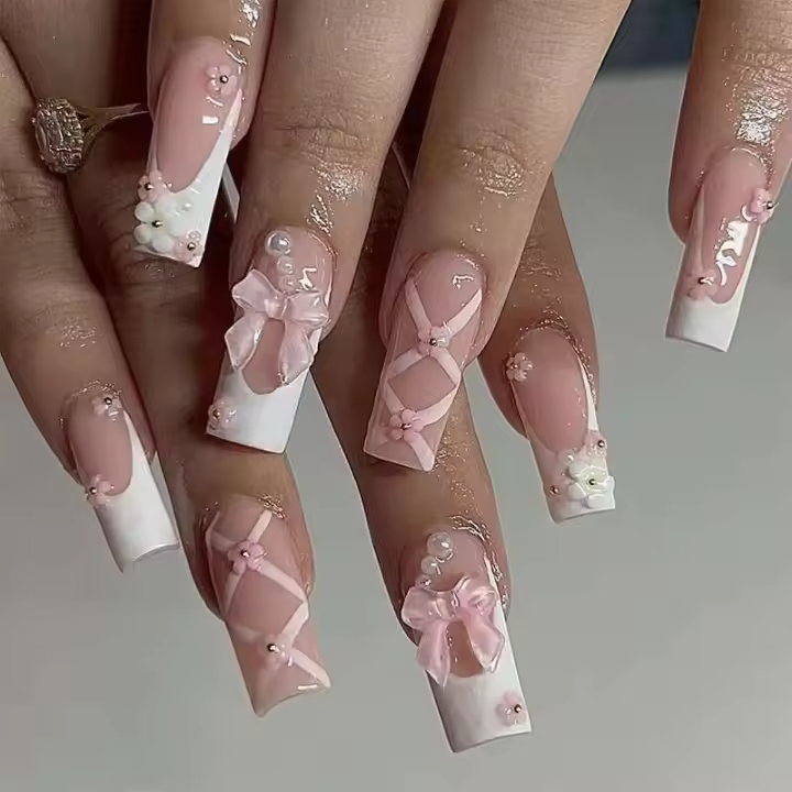 24 Piezas de Uñas Artificiales Negras con Cruces de Diamante Patrones de Arena, Presión, Escaleras Largas para Mujeres y Niñas - 1