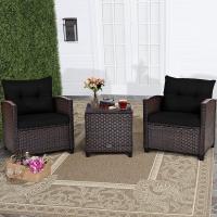 Conjunto de jardín exterior de ratán de 3 piezas, 1 mesa auxiliar de vidrio templado y 2 sillas con cojines, muebles de jardín terraza balcón exterior (negro) - details 6