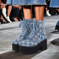 Dropshipping logo moda denim tacón grueso mujeres, botines con cordones de talla grande para mujer - details 4