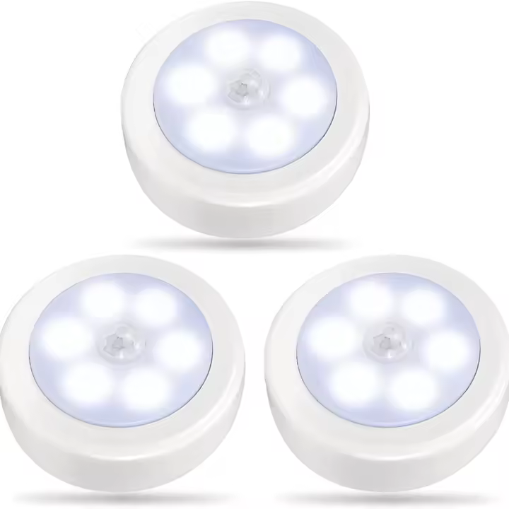 Pack de 3 detectores de movimiento LED para interiores, iluminación de gabinetes, funciona con pilas - 1