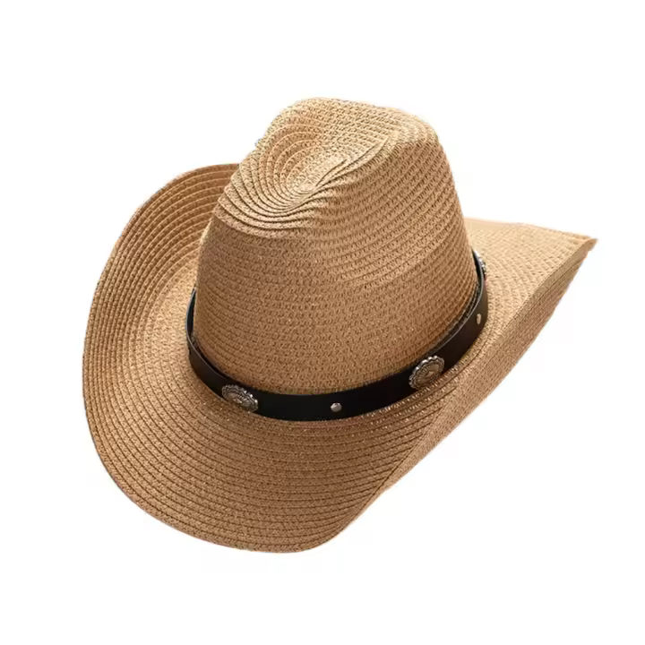 Sombrero de vaquero occidental de Color sólido, protector solar de ala ancha, sombrero de vaquera, cinturón de cuero PU de estilo étnico, sombrero de paja para el sol para fiesta - 1