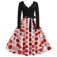Women plaid print long sleeve vintage a line party dress v neck - details 25