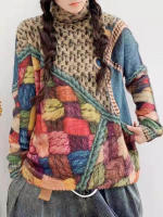 Suéteres con estampado Vintage para mujer, jerséis holgados de cuello alto de estilo europeo, jerséis elegantes informales, moda de invierno, 2023 - details 1