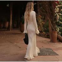 Vestido largo de punto con mangas acampanadas y dobladillo con volantes para mujer, Vestido elegante con espalda descubierta y cuello redondo con cordones, batas de vacaciones para mujer - details 12
