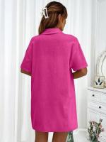 Conjunto de camisa de dos piezas de color sólido con pantalones cortos de moda para mujer, informal, suelto, manga corta, una sola fila - details 15