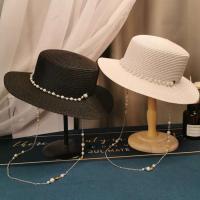 Sombreros de sol planos con cadena de perlas de verano para mujer, sombrero femenino de paja ancho Anti-UV, gorro de playa para niña - details 0