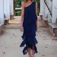 Vestido 2025 de nueva moda, color sólido, cuello inclinado, diseño de borlas multicapa y empalmes. - details 0