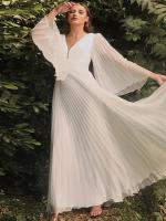 Vestido de dama de honor plisado liso de talla grande, vestido largo elegante con manga acampanada y cuello en V para fiesta de - details 4