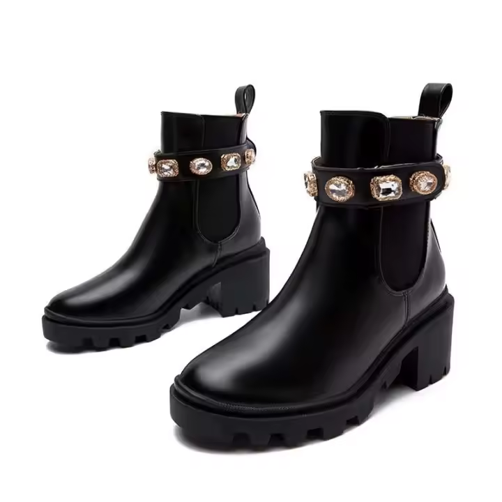 Botas de invierno para mujer con tiras de diamantes de imitación, cantidad mínima de pedido baja, tacones, suelas gruesas, botines, cuero genuino - 1