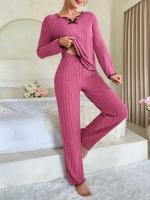 Ropa de dormir ranurada para mujer, ropa de dormir de otoño e invierno, top y pantalones de manga larga, conjunto de 2 piezas, ropa para el hogar, ropa informal - details 4
