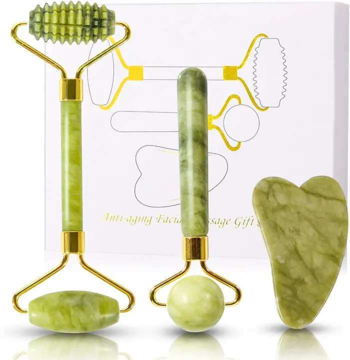 FORMIZON Rodillo de Jade Masajeador Facial y Gua Sha, Facial Masaje Piedra Gua Sha Jade, Herramienta de Masajeador de Rodillo de Piel Facial para Cara, Ojo, Cuello y Cuerpo (3Pcs) - 1