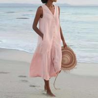 Verano suelto Casual Patchwork algodón en Pocktes cuello en V estilo de playa sin mangas Vintage Club Midi vestido de mujer sólido - details 1