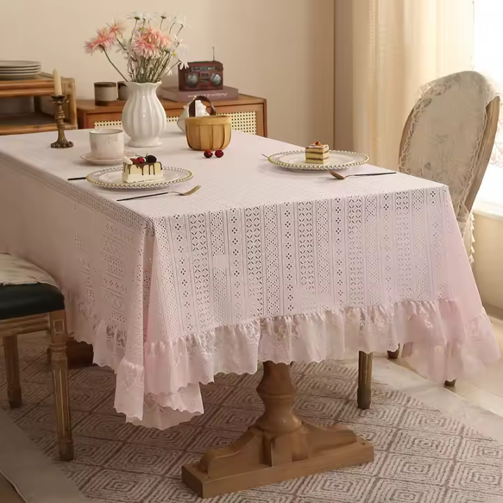 Mantel nórdico de lujo vintage con borde de encaje, cubierta para mesa de comedor/té resistente al calor y al polvo - 1