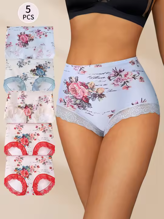 Paquete de 5 Bragas Elegantes de Algodón para Mujer de Tallas Grandes, Estampado Floral con Detalle de Encaje, Ropa Interior de Punto de Cintura Media - 1