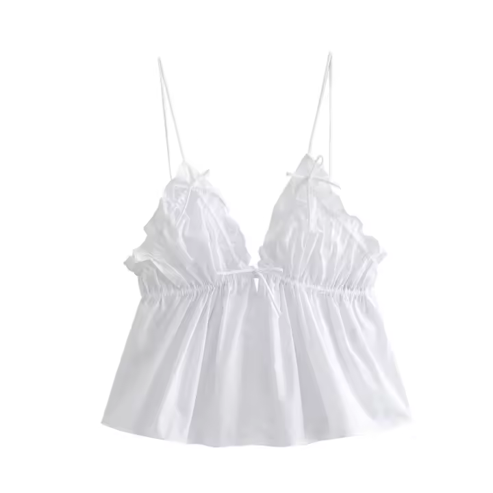 - Top de popelina con lazo para mujer, top elegante con arrugas sólidas, camiseta sin mangas con escote en V, ropa - 1