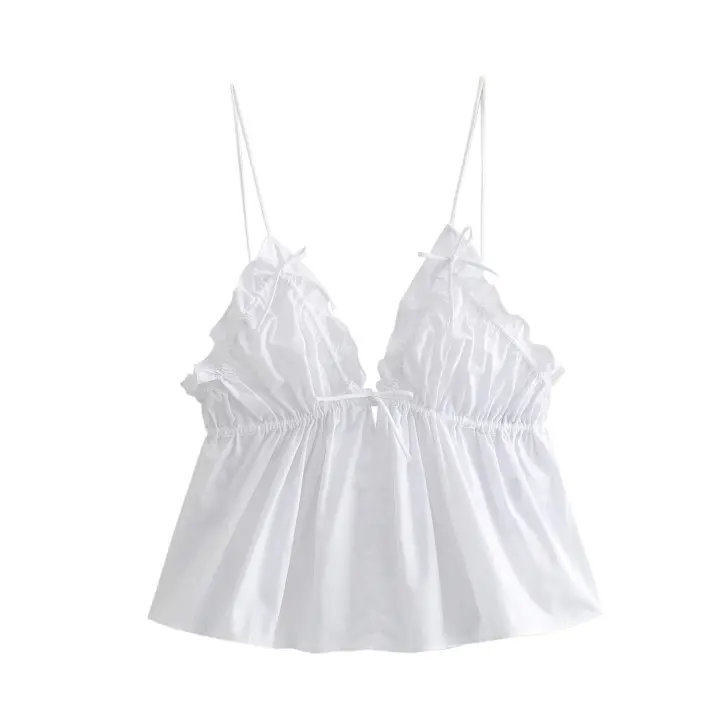 - Top de popelina con lazo para mujer, top elegante con arrugas sólidas, camiseta sin mangas con escote en V, ropa - 1