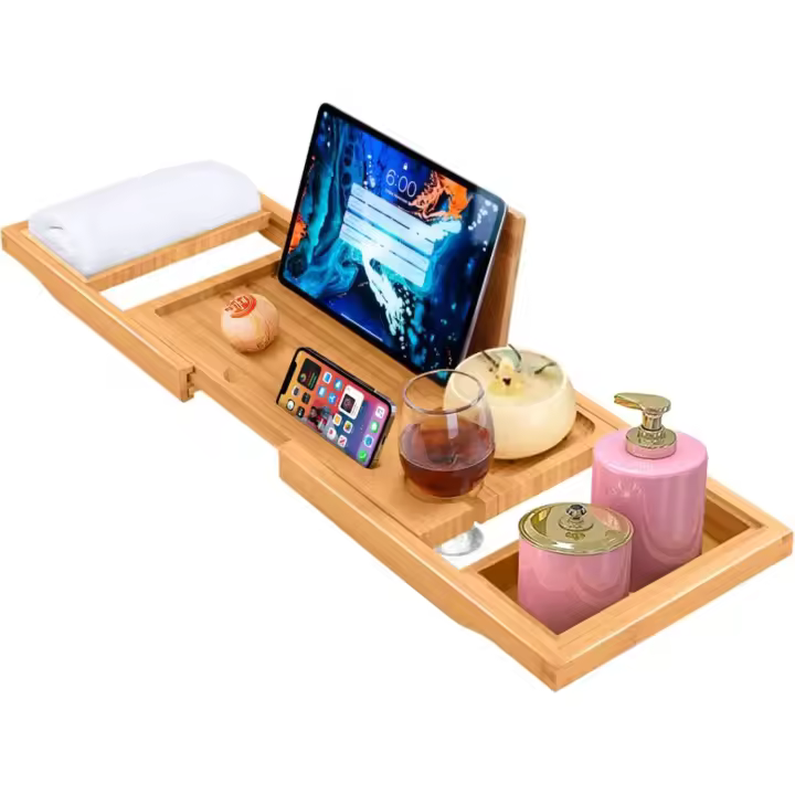 ADOV Bandeja de Baño, Ajustable Madera de Bambú Natural Bandeja de Baño con Soporte para Copa Libro Tableta Jabón, Antideslizante Extensible Bath Tub Caddy Organizador Adapta la mayoría de los tamaños de bañera - 1
