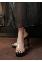 Transparente tacones altos impermeable mesa de una palabra cristal zapatillas frescas tacón grueso hermoso desgaste exterior verano super tacón alto - details 14