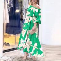 2025 Vestido elegante de cintura alta con hombros inclinados y mangas farol estampadas Ins para mujer - details 5