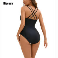 Trajes de baño de una pieza para mujer, traje de baño sexy con cuello en V, cruzado, fruncido, push up, adelgazante - details 3