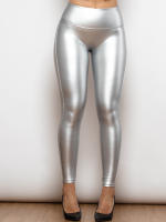 Shascullfites-mallas de cuero de cintura alta para mujer, Leggings metálicos para Fitness, color plateado Regular Melody - details 8