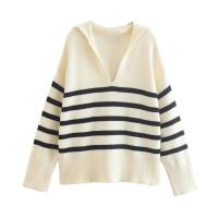 Jersey de punto a rayas para mujer, Jersey de manga larga con cuello en V, color Beige, Otoño e Invierno - details 2