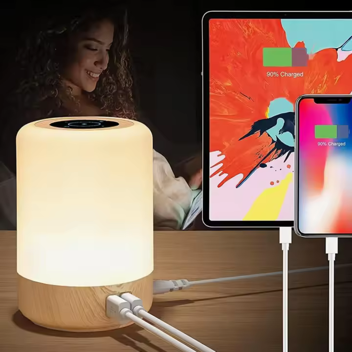 Lámparas de Mesita de Noche, Lampara Noche con 4 Puertos de USB-A, Control Tactil, Regulable, Lámpara Mesita Noche 8 Colores y Brillo de Grado 10 para Dormitorio (Enchufe de la ue) -2Pack - 1