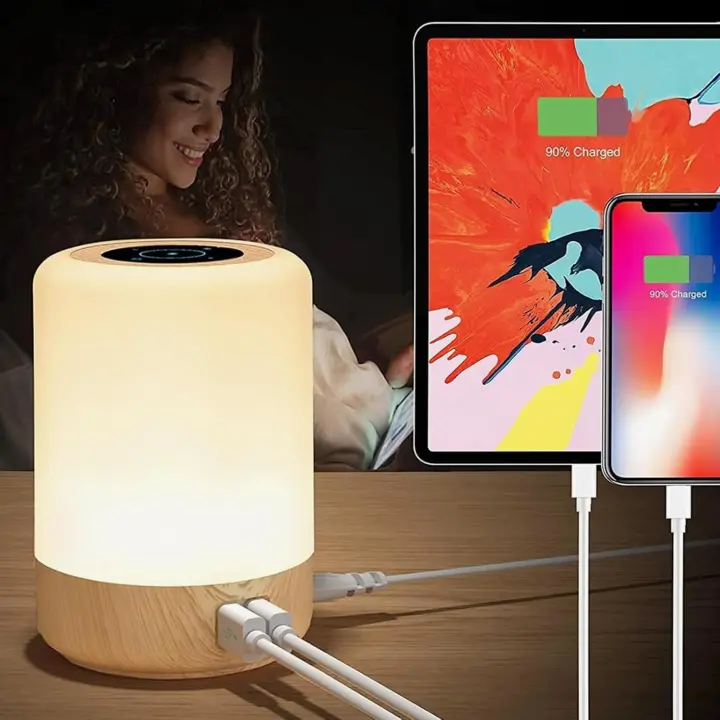 Lámparas de Mesita de Noche, Lampara Noche con 4 Puertos de USB-A, Control Tactil, Regulable, Lámpara Mesita Noche 8 Colores y Brillo de Grado 10 para Dormitorio (Enchufe de la ue) -2Pack - 1