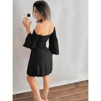 Vestido corto de verano para mujer, de color sólido, con hombros descubiertos y mangas acampanadas - details 3