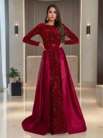 Vestido de Fiesta de Manga Larga y Brillante Cuello Redondo, Lentejuelas Elásticas, Alto hasta el Suelo Pañuelo de Moda para Mujeres con Negro y Verde Desmontable - details 0