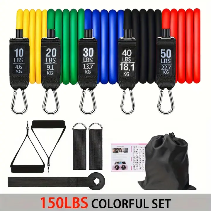 Juego de bandas de resistencia, bandas de entrenamiento, banda de ejercicio, 5 tubos de Fitness con manijas de anclaje de puerta, correas de tobillo para piernas y bastón de Fitness - 1