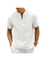 Camisa De Algodón Y Lino Para Hombre Estilo Casual Vintage Con Bolsillo Y Cuello Henley Camiseta De Color Sólido Para Playa Y Calle - details 7