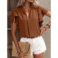 Jersey Elegante De Color Rojo Rosa Para Mujer, Blusa Informal Con Cuello En V Y Mangas Con Volantes De Doble Capa, Top De Color Sólido - details 3