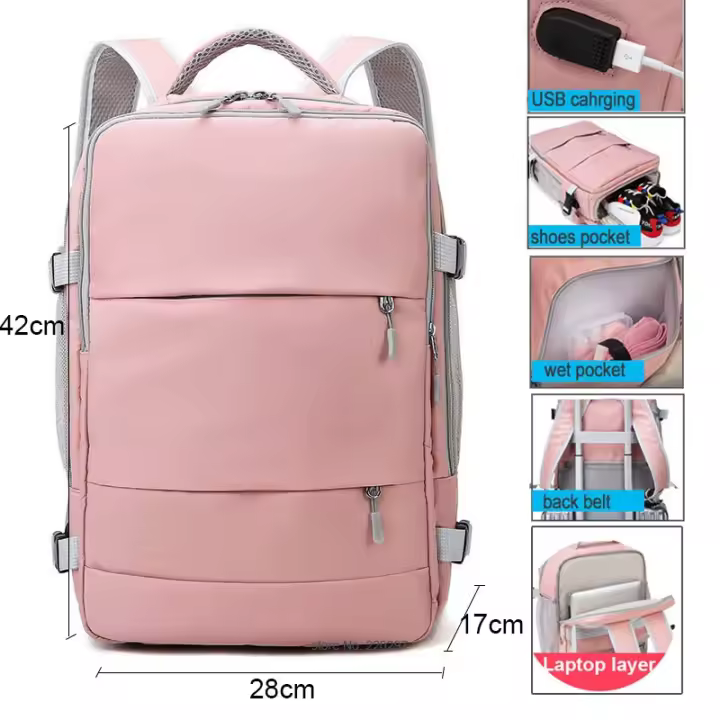 Mochila de gimnasio USB para damas y estudiantes con carga USB, bolsa de hombro de nailon, capacidad de 20-50 litros, ideal para laptop, escuela y uso diario. - 1