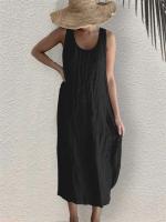 Vestido de verano 2024 para mujer de algodón y lino Vestido sin mangas con cuello redondo y bolsillos laterales - details 3