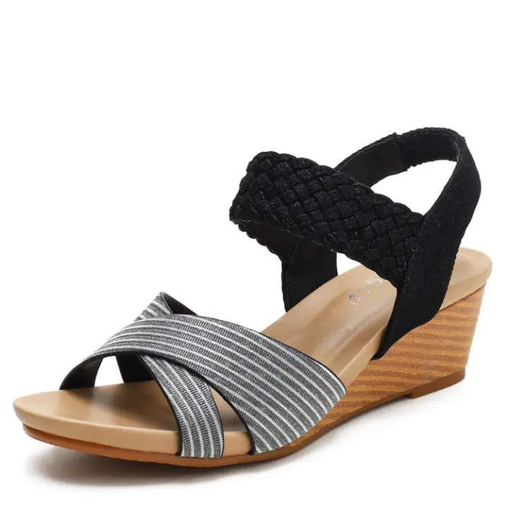 Sandalia Sandalias Tacones inclinados Verano Punta abierta Zapatos romanos de punto de moda cómodos grandes para mujer - 1