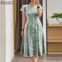 Vestido de Verano Elegante ZANZEA Cuello en V Midi Estampado Casual Moda Bohemia para Mujeres - details 1