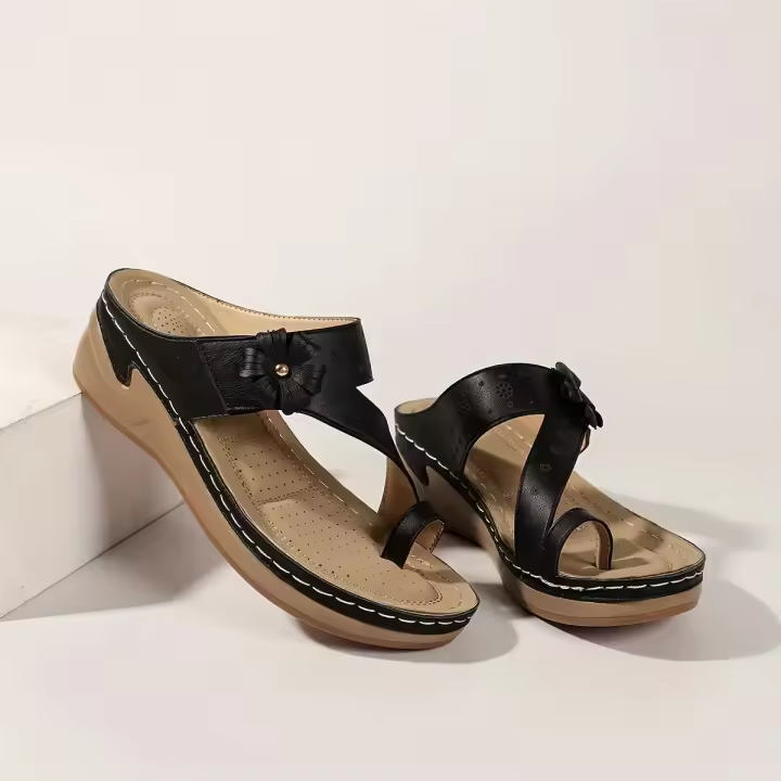 Women Flower Decor Wedge Sandals Casual Loop Toe Platform Sandals Comfortable Summer Sandals - 1