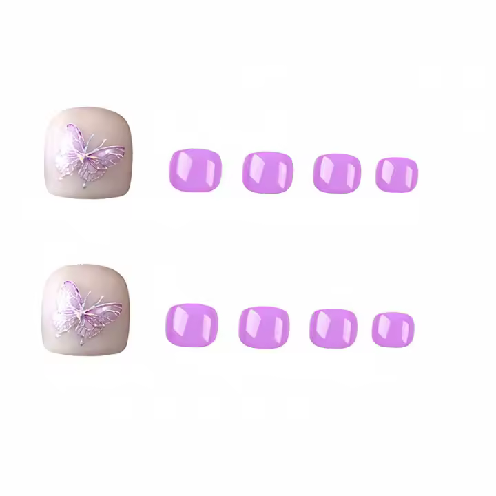 Uñas postizas moradas con estampado de mariposas, uñas naturales irrompibles, uso sencillo para ir de compras, citas - 1