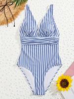 Traje de baño de una pieza con cuello en V fruncido y estampado a rayas, tirantes finos sin espalda, trajes de baño retro - details 2