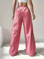 Primavera otoño pantalones de tartán rosa hueco con cordones pantalones de tartán casual - details 3