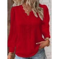 Blusa Informal De Manga Larga Con Cuello En V Para Mujer, Camisa De Retazos De Encaje, Color Sólido, Para Oficina, Primavera - details 8