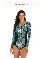 Traje de baño de una pieza con estampado de hojas florales, manga larga, cierre de cremallera en el cuello redondo, traje de baño - details 0