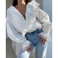 Blusa elegante de mujer con cuello en V moda para mujer joven manga larga blanca - details 2