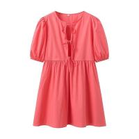 BUNO-vestidos minimalistas lisos empalmados con cordones para mujer, vestido con temperamento de cintura alta y manga corta con cuello redondo para mujer - details 4