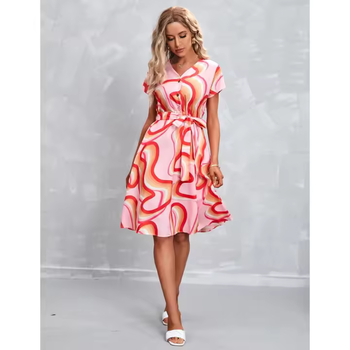 Vestido de Verano 2025 Manga Corta con Estampado Elegante,Vestido Corto Mujer Primavera-Verano,Tela Transpirable y Corte Favorecedor,Ideal para Looks Diarios o Eventos,Tallas S-XXL - 1