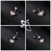 ZS-Piercing de acero inoxidable con forma de corazón para el ombligo, anillo de 14G con cristal de circonia cúbica rosa, Piercing corporal, joyería de 10MM, 1 pieza - details 7